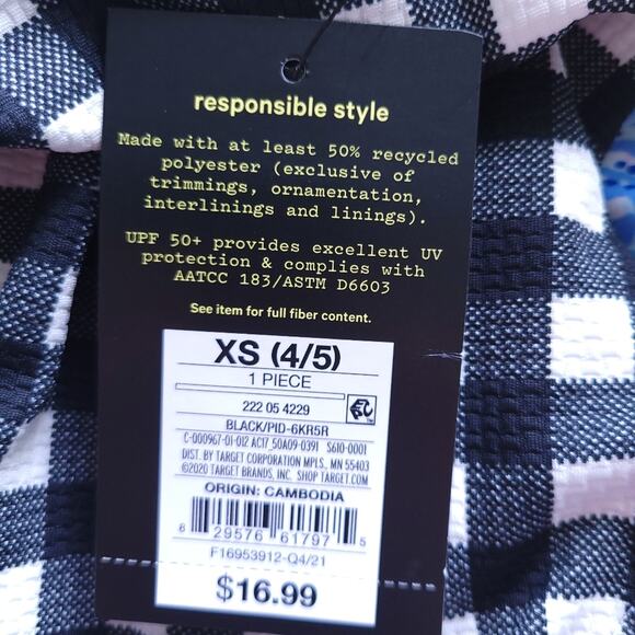 NEW Art Class One Piece Bathing Suit XS (4/5) Girls Black White Gingham, Yellow - Picture 2 of 6